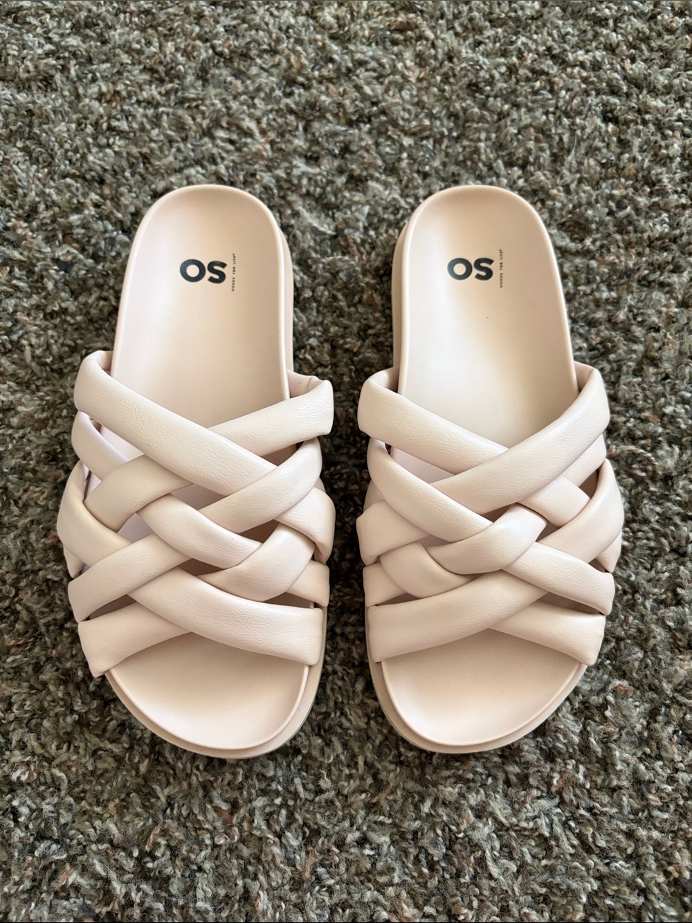 SO Luciann Woven Puffy Slide Sandals, Blush Tan, CrissCross Faux Leather Size 6